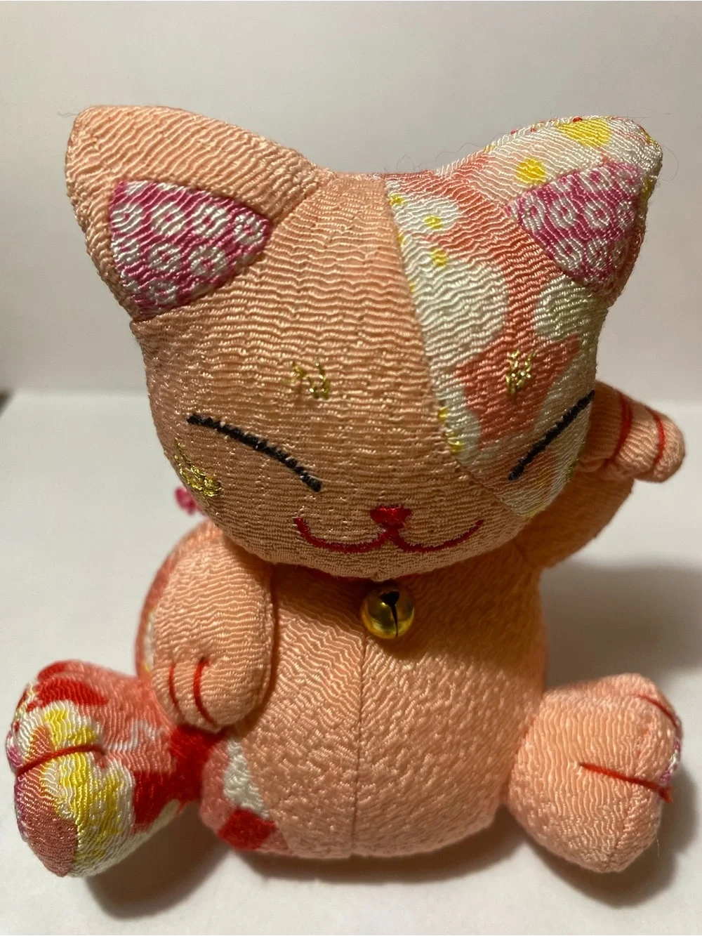 Peach Fabric Lucky Cat Key & Card Holder Charm